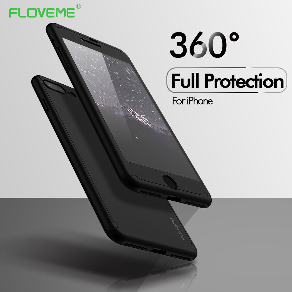 FLOVEME 360 Protective Case For iPhone 6 6S 7 Plus 5 5S SE Tempered Glass Front Back Cover Full Body Coverage Protection Shells