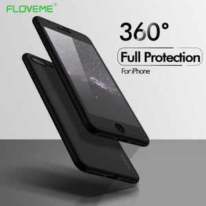 FLOVEME 360 Protective Case For iPhone 6 6S 7 Plus 5 5S SE Tempered Glass Front Back Cover Full Body Coverage Protection Shells